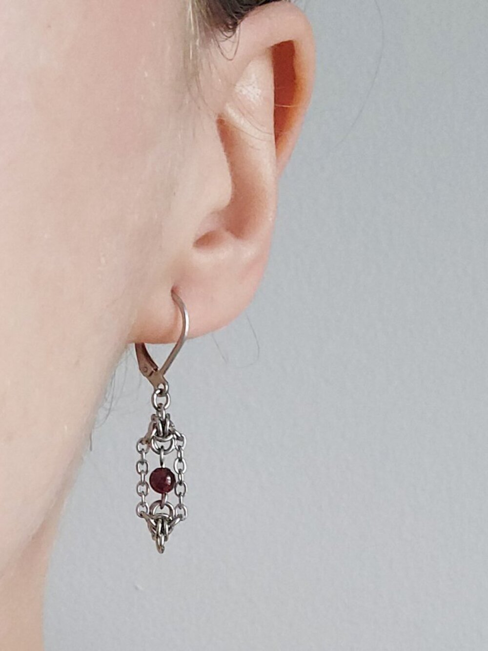 Vintage Victorian style silver and red garnet leverback earrings